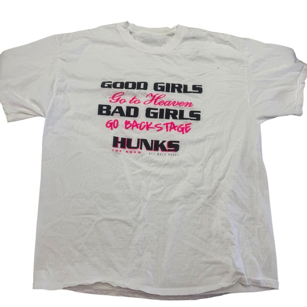 Gildan Graphic T-Shirt Women Small White Excellent HUNKS The Show Backstage Tee